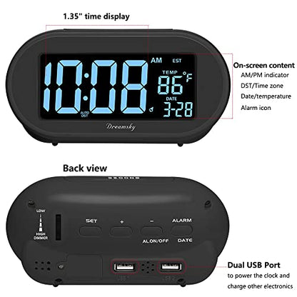 DreamSky Alarm Clocks for Bedrooms, Auto Set Digital Clock with Date & Temp | Electric Desk Clock with Dimmable Brightness Dimmer for Bedside Nightstand, Auto DST, USB Port, Temperature, Snooze - color: Black