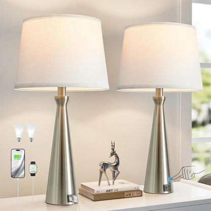 Modern Touch Lamps for Nightstand, 3 Way Dimmable Bedroom Lamp Set of 2 | USB C+A Charging Ports, Silver Bedside Lamps for Bedroom, Living Room, End Table, Bed Side, LED Bulb Included - color: C. Silver Base-White Shade