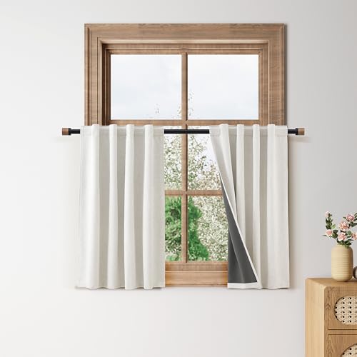 Natural 100% Blackout Kitchen Linen Curtains Back Tab Pleated Small Black Out Drape 30 Inch Length Privacy Elegant Tier Cafe Curtain for Rustic Farmhouse Bathroom Over Sink Cream Ivory 26x30 - color: Natural, size: 26"W x 30"L (Pack of 2)