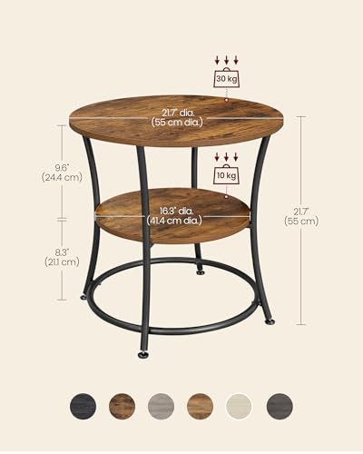 VASAGLE 21.7-Inch Round Side Table, 2-Tier End Table | Nightstand with Steel Frame, Spacious Top, for Small Spaces, Living Room, Bedroom, Rustic Brown and Ink Black ULET56BX - color: Rustic Brown + Ink Black, style: Without Power Strip