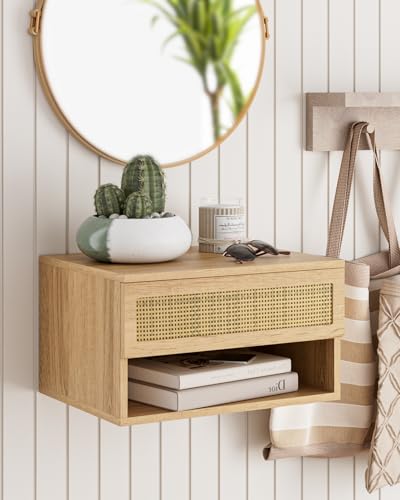 Modern Floating Nightstand with Drawer, Wall Mount Shelves, Oak Rattan | Small Space Saver, Modern Minimalist Design, Wall Mounted Shelves, for Bedroom, Bathroom, Living room, Easy Assembly, Rattan - color: Oak Rattan