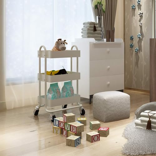 Metal Rolling Cart,3-Tier Metal Rolling Cart with Wheels,3 Tier Utility Cart with Wheels for Office,Home,Kitchen,Garden（13.4"x18.1"x31"） White - color: White, size: 31"H