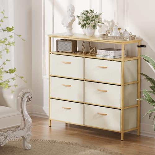Solid Wood Dresser, Dresser with 6 Drawers, Solid Bamboo Frame Paired with Fabric Storage Boxes, Large Capacity, Stable and Durable, Versatile Style, for Bedrooms, Living Rooms, and Hallways - size: 11.8"D x 39.4"W x 37.8"H (6 Drawers)