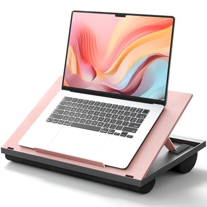 HUANUO Adjustable Lap Desk - with 8 Adjustable Angles & Dual Cushions Laptop Stand for Car Laptop Desk, Work Table, Lap Writing Board & Drawing Desk on Sofa or Bed, Pink | Dual-cushion base, carry handle, 30% thicker for durability, wider anti-slip ledge,