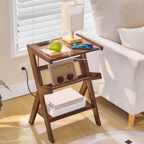 HOOBRO Small Side Table, Bamboo Rattan End Table with Sloped Storage Shelf | 3-Tier Z-Shaped Sofa Table with Charging Station, Narrow Nightstand Bedside Table for Living Room, Bedroom, Small Spaces