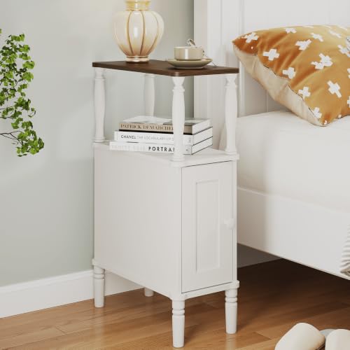 Veegle Narrow Nightstand, Skinny End Side Table(White) | Mid-Century Modern Nightstand with Storage,bedside table for Bedroom and Living Room - color: White