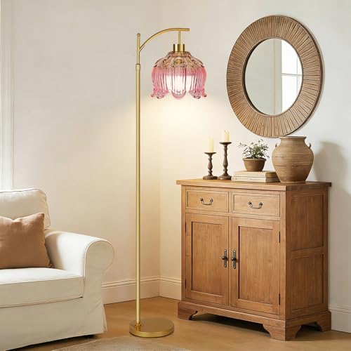 ILLMTW Pink Floor Lamp for Living Room,Bedroom,Glass Mid Century Modern Standing Lamp with Remote,Dimmable Gold Brass Tall Lamp Tulip Flower Arc Floor Light Boho Bohemian - size: Floor Lamp-23