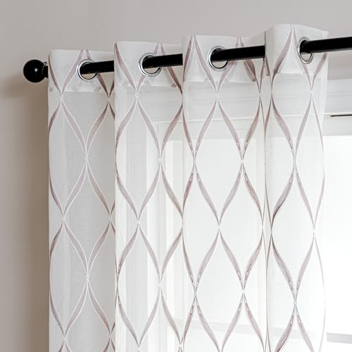 SLEEP ZONE Sheer Curtains for Living Room and Bedroom, Embroidered Sheer Curtains White Sheer Curtain 52 × 72 inches Long of 2 Panels, Off-White Waves - color: White Waves, size: 52"W×72"L