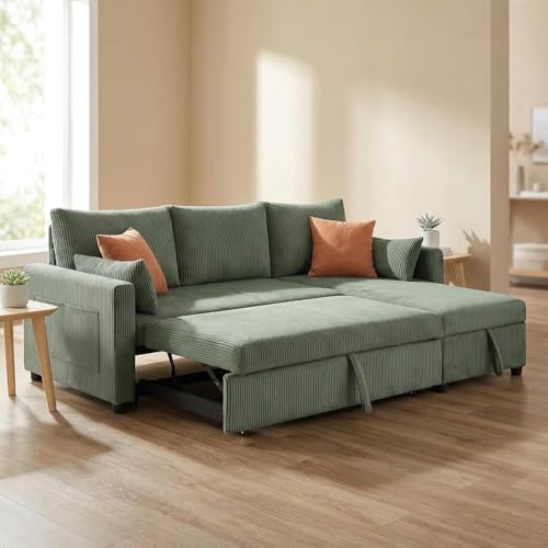 85'' Queen 3-Seat Pull Out Sleeper Sofa Bed with Storage, Green | Convertible Sofa Bed with Storage, 85 Inch,L Shaped 3 Seat Sectional Sleeper Sofa - color: C-green-3r