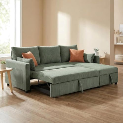 85'' Queen 3-Seat Pull Out Sleeper Sofa Bed with Storage, Green | Convertible Sofa Bed with Storage, 85 Inch,L Shaped 3 Seat Sectional Sleeper Sofa - color: C-green-3r
