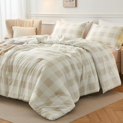 Beige Grid Comforter Set, 2 Pieces Twin Gingham Bedding Set | Plaid Comforter for Boys Girls Teen Dorm, Lightweight Reversible Checkered Bed Set With Comforter & Pillowcase, All Season - color: Beige, size: Twin (66*90 in)