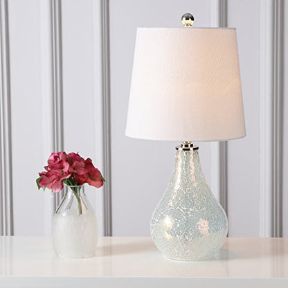 JONATHAN Y Mona Coastal Mini LED Table Lamp 20" Bedside, Mosaic White | Linen Tapered Drum Shade, Glass Body, On-Off Rotary Switch, LED Bulb Included - color: White