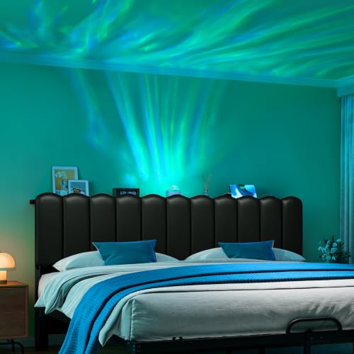 King Aurora Light Headboard with Storage Shelf, Black | Aurora ceiling projector, scalloped tufted design, USB-A & Type-C ports, storage shelf, adjustable height, foam padded - color: Black-with Aurora Light, size: King