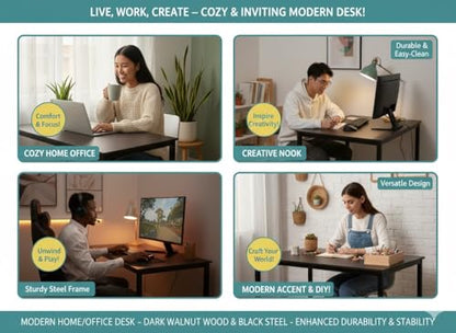 47 inch Large Computer Desk Wood, Modern Simple Style Desk for Home Office, Bedroom, Study Student Writing Desk, Small Spaces, Black Metal Frame, Dark Walnut Top - color: Dark Walnut, size: 47"