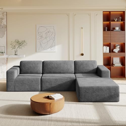 Vesgantti 119" L-Shaped Modular Sectional Sofa, Corduroy Cloud Couch with Deep Seating & Spring Support, Flexible Layout Sofa with Ottoman, Boneless Style, No Assembly Required, Grey - color: 119" - 3 Seater & Ottoman Grey