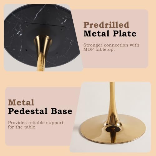 31.5" Round Tulip Dining Table, Circle Tulip Table with MDF Tabletop and Gold Metal Pedestal Base, Mid Century Modern Bistro Table for Kitchen, Dining Room, Cafe (Black and Gold) - color: Black and Gold