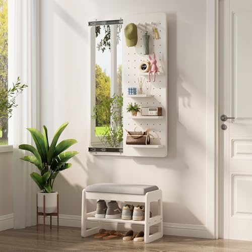 KungFuWood Full Length Mirror with Shelf and Hooks,Entry Way Mirrors for Wall,Wall Mirror with Shelf,Wall Mirror with Storage Multifunctional Design Panel,Living Room - color: White, size: 52.4"L x 19"W