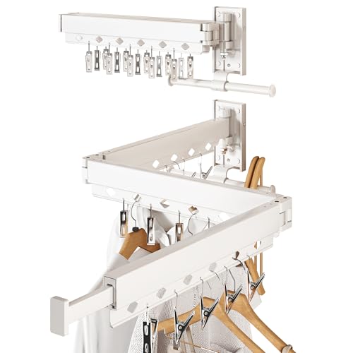 Wall Mounted Collapsible Clothes Drying Rack, Durable Space-Saving Laundry Drying Rack Clothing Hanger, Upgraded with Clips and Windproof Holes - style: Upgrde-White Rings with Clips