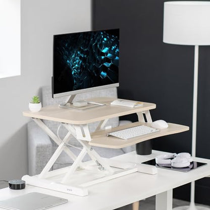 VIVO 26 inch Desk Converter, K Series, Height Adjustable Sit to Stand Riser, Dual Monitor and Laptop Workstation with Keyboard Tray, Light Wood Top, White Frame, DESK-V026KF | Height Adjustable, Stand Up Desk Riser, Wide Keyboard Tray, Dual Monitor and La