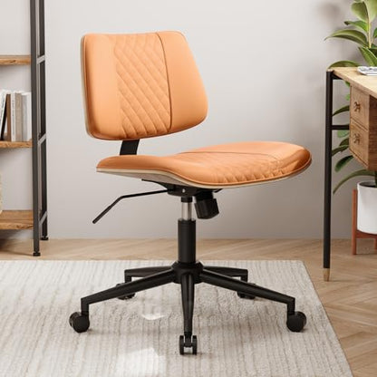 Modern Armless Office Chair with Wheels, Wide Seat Walnut, Brown | Adjustable Swivel Desk Chair with Mid Back & Tilt Function, Faux PU Leather Mid Century Modern Task Office Chair, 300LBS Cap - color: Brown, size: MCM Style Wide Seat