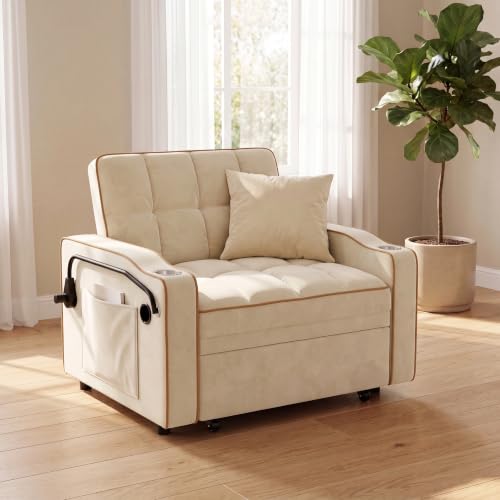 Sleeper Chair with USB Port, 3 In1 Pull Out Sofa Bed, White | Adjustable Backrest,Soft Cushioning,Handy Side Pocket,Cup Holders,Phone Holder - color: D-white-g2