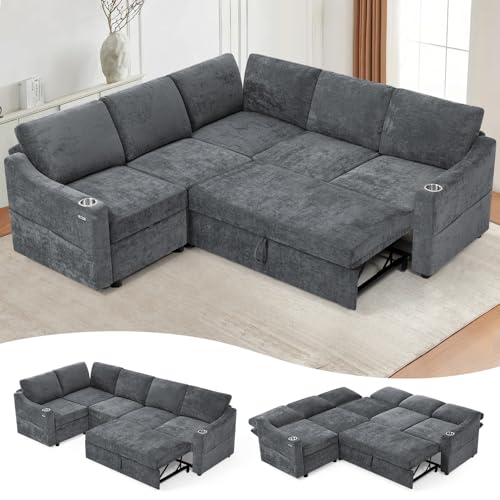 84" Chenille Modular Sofa Bed w/Adjustable Backrests, Grey | L-Shape Sleeper Sofa w/USB Ports & Storage Space, Convertible Corner Sectional Couch w/Pull Out Bed for House, Living Room - color: Grey, style: L-Shape