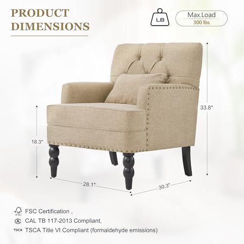 HUIMO Accent Chair, Tufted Upholstered Club Chair, Brown | Tufted upholstered club chair with lumbar pillow and solid wood legs. Suitable for living rooms, bedrooms, and reading nooks. - color: Light Brown