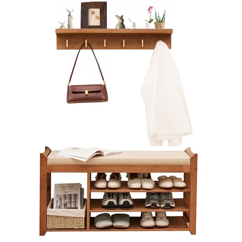 PETKABOO Hall Tree with Bench and Shoe Storage, Coat Rack Shoe Bench Set with Seat Cushion and 6 Hooks for Entryway, Hallway, Living Room and Bedroom - color: Brown, style: 39 in with hook