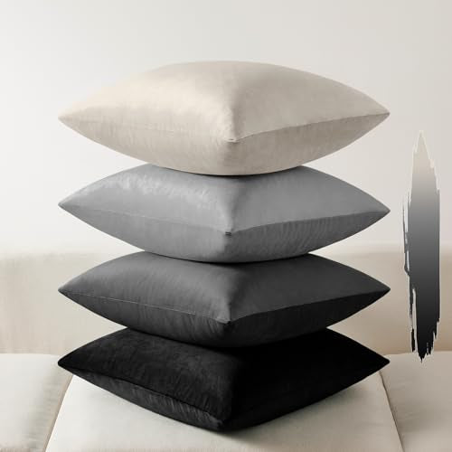 Softalker Velvet Throw Pillow Covers 18x18 Set of 4, Luxury Soft Plush Decorative Pillow Cases, Rich Texture Neutral Modern Cushion Covers for Sofa Couch Bed Home Decor Living Room -Black Gradient - color: Velvet Gray Black, size: 18" x 18" (Pack of 4)