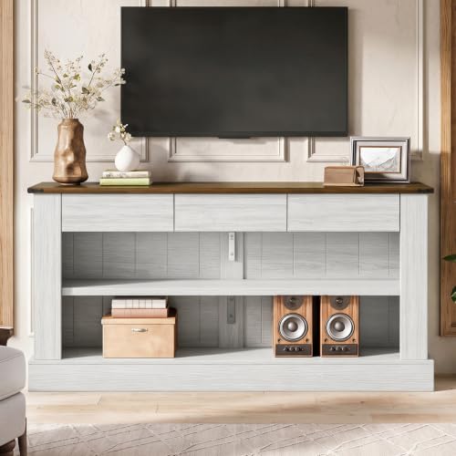 Miereirl 63" Console Table with Drawers & LED Light, Rustic Brown & White | Narrow Entryway Sofa Table, 3 Storage Drawers & Open Shelves, Behind Couch, Living Room Hallway Foyer - color: Rustic Brown&white