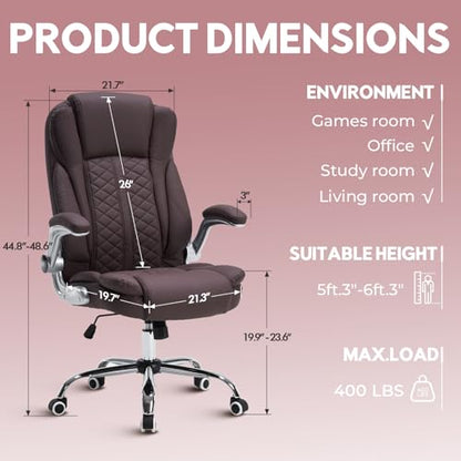 400lbs Executive Office Chair with Flip-Up Armrests, Big and Tall Computer Chair for Heavy People, Heavy Duty Ergonomic Comfy Chair, Breathable PU Leather (Darkbrown) - color: Darkbrown
