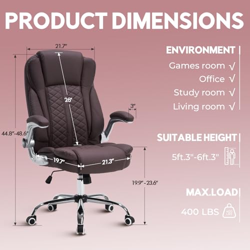 400lbs Executive Office Chair with Flip-Up Armrests, Big and Tall Computer Chair for Heavy People, Heavy Duty Ergonomic Comfy Chair, Breathable PU Leather (Darkbrown) - color: Darkbrown