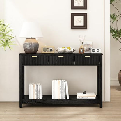 RUSTOWN Fluted Wood Console Table with 3 Drawers, 47.2" Boho Entryway Table | Narrow Behind Couch Sofa Table, Open Storage Shelf, Curved legs, 2 Tier Modern Farmhouse Hallway Table for Living Room, Foyer - color: Black