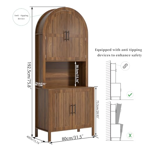 76" Tall Arched Kitchen Pantry, Large Kitchen Storage Cabinet with Fluted Doors and Microwave Stand, Modern Wood Buffet Sideboard, Adjustable Shelves, Cupboard for Dining Room, Living Room, Walnut - color: Walnut