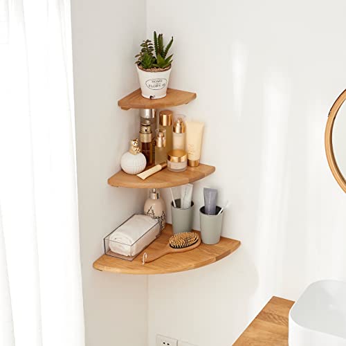 Oak Corner Shelf 12 inches Natural Wood Floating Corner Shelves Round End Wall Mounted Display Shelf Corner Plant Stand for Bathroom Kitchen Bedroom Livingroom Floating Shelves - size: 12 inches