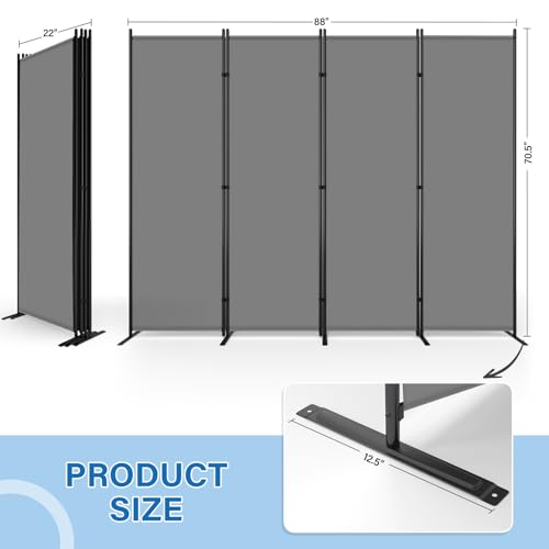 AKTOP 4 Panel Room Divider, 88" W x 6FT Fabric Folding Privacy Screen, Grey | Portable Wall Divider for Room Separation, Non-See-Through Freestanding Screen with 13"W Base for Stability, Bedroom & Dorm - color: Grey