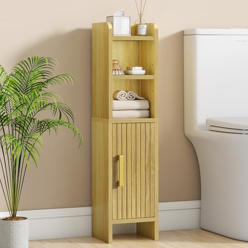 Small Bathroom Storage Corner Floor Cabinet Narrow Toilet Paper Cabinet with Adjustable Shelves Wooden Slim Bathroom Organizers and Storage with Fluted Door for Small Spaces, Wood - color: Wood