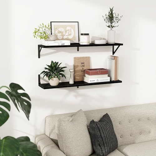 Dreamland Wall Mounted Floating Shelves Set of 2, 36x8, Black | Engineered Wood, Visible Bracket, Large Storage, Hold Up to 60lbs, Living Room, Bathroom, Bedroom, Kitchen - color: Black, size: 36"W x 8"D