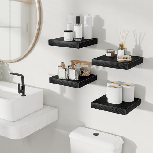 Fun Memories Floating Shelves for Wall, 9.3 Inch Set of 4 Rustic Wood Wall Shelves with Invisible Brackets, Heavy Duty Storage Display for Bathroom Bedroom Living Room Kitchen, Black - color: Black, size: 9.3"W x 9.3"D, Set of 4