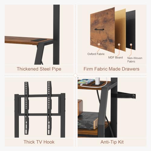 Snughome Rolling TV Stand for 32-55 Inch TVs, Mobile TV Stand with Wheels | With Mount, 2 Fabric Storage Drawers & Power Outlet, Sturdy Steel Frame,Entertainment Center for Bedroom, Living Room