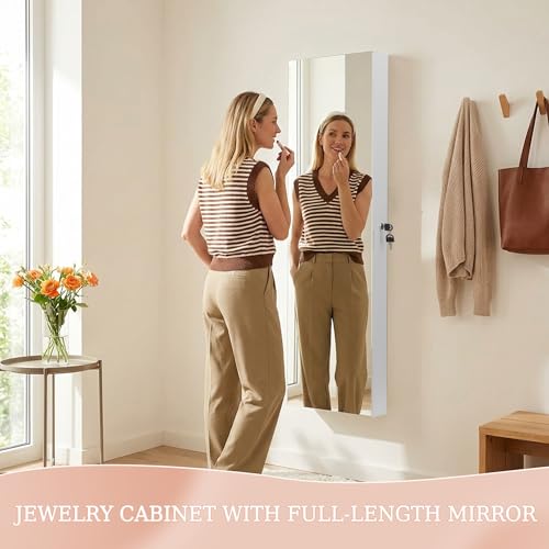 Unisakey Lockable Mirror Jewelry Cabinet LED Lights Wall Mount White | Door or Wall Mount Flexible,Drawers Cosmetic Trays Shelves Inside,Built-in Full-Length Mirror,Dimensions 14.4"×3.15"×43.1" - color: WHITE