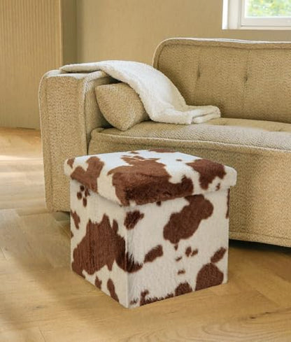 Luxe Faux Fur Storage Ottoman, Cowhide Brown/White, 15 x 15 x 15 in | Engineered Wood, Tool-Free Assembly, Modern Style, Seat And Footrest - color: Cowhide Brown/White, size: 15"D x 15"W x 15"H