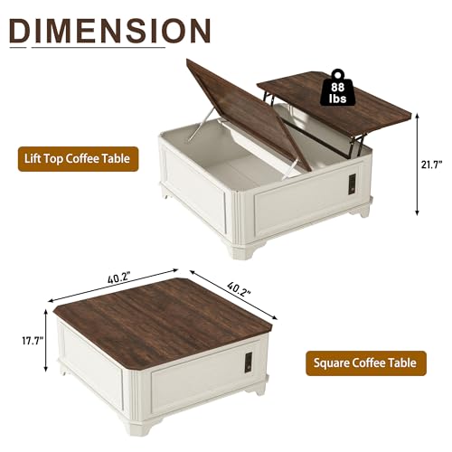 40 Inch Coffee Tables for Living Room Farmhouse Lift Top with Charging Station and Hidden Storage - Square Center Table with Adjustable Lifting Top and Large Storage for Bedroom, Home Office, White - color: White