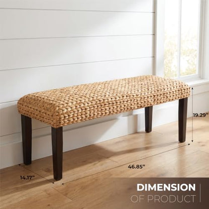 Solid Acacia Wood Entryway Bench with Water Hyacinth Woven Seat, Black Leg | Wicker Bench Indoor for Hallway, End of Bed, Rustic Farmhouse Boho Modern - color: Fishbone - Black Leg & Water Hyacinth