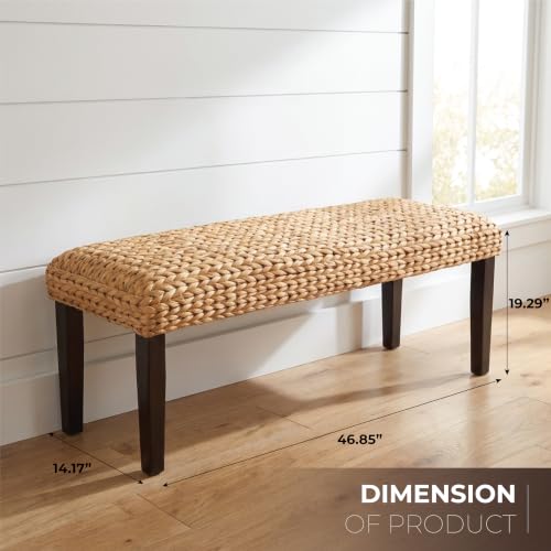 Solid Acacia Wood Entryway Bench with Water Hyacinth Woven Seat, Black Leg | Wicker Bench Indoor for Hallway, End of Bed, Rustic Farmhouse Boho Modern - color: Fishbone - Black Leg & Water Hyacinth