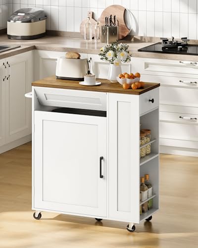 Kitchen Island Cart with Storage, Kitchen Cabinet, Mobile Kitchen Island, Storage Trolley for Kitchen with Hidden Trash Bin Cabinet, for Dining Room, White and Walnut MZD06WL