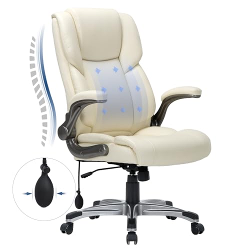 COLAMY High Back Executive Office Chair- Ergonomic Home Computer Desk Leather Chair with Padded Flip-up Arms, Adjustable Tilt Lock, Swivel Rolling Chair for Adult Working Study-Ivory - color: Ivory, size: Set of 1