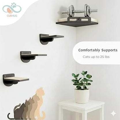 Cat Wall Shelves, Solid Wood Corner Bed, 3 Steps, Up to 25 lb, Black | Cushion included; 2 washable covers, cotton and plush; secures across two walls - color: Black