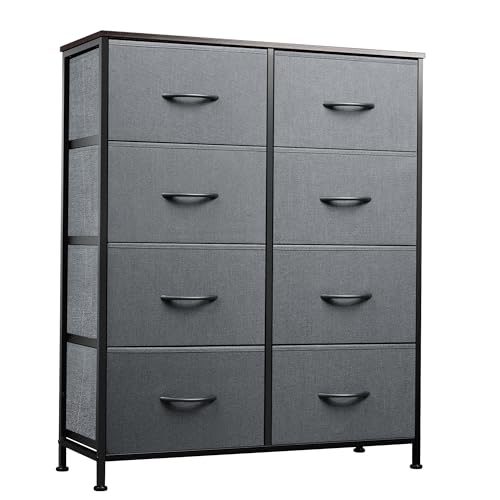 WLIVE Fabric Dresser for Bedroom, Tall Dresser with 8 Drawers, Storage Tower with Fabric Bins, Double Dressers, Chest of Drawers for Closet, Living Room, Hallway, Dark Gray | 8-drawer tall storage tower with fabric bins and wood tabletop, breathable non-w