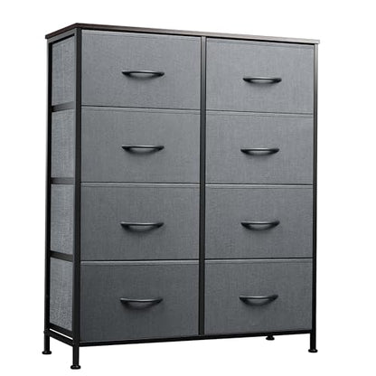 WLIVE Fabric Dresser for Bedroom, Tall Dresser with 8 Drawers, Storage Tower with Fabric Bins, Double Dressers, Chest of Drawers for Closet, Living Room, Hallway, Dark Gray | 8-drawer tall storage tower with fabric bins and wood tabletop, breathable non-w